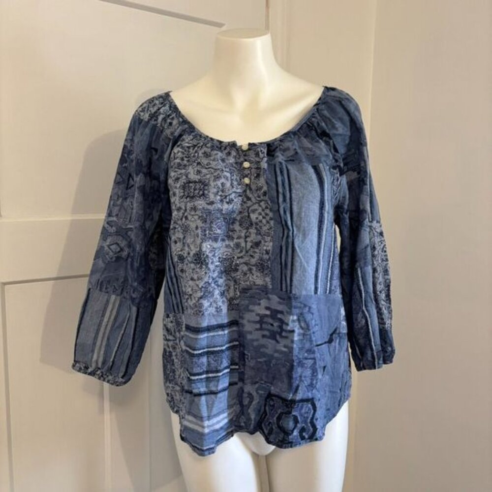 Lauren Ralph Lauren size Medium Blue Boho Patterned Preppy Cotton Peasant Blouse